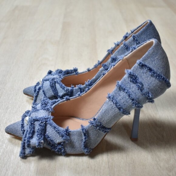 Steve Madden Barbi Blue Denim Frayed Bow Stiletto Heels Coquette - Picture 4 of 8